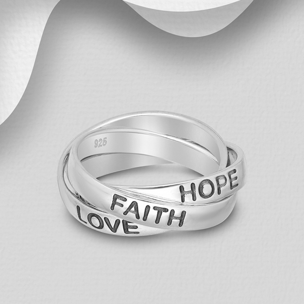 Sterling Silver 925 Triple 3 Bands Engraved Ring Faith Love Hope Size 6 Or 7